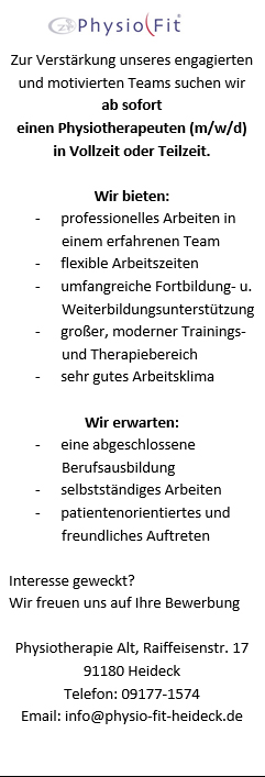 Stellenanzeige der Praxis für Physiotherapie und Physio Fit